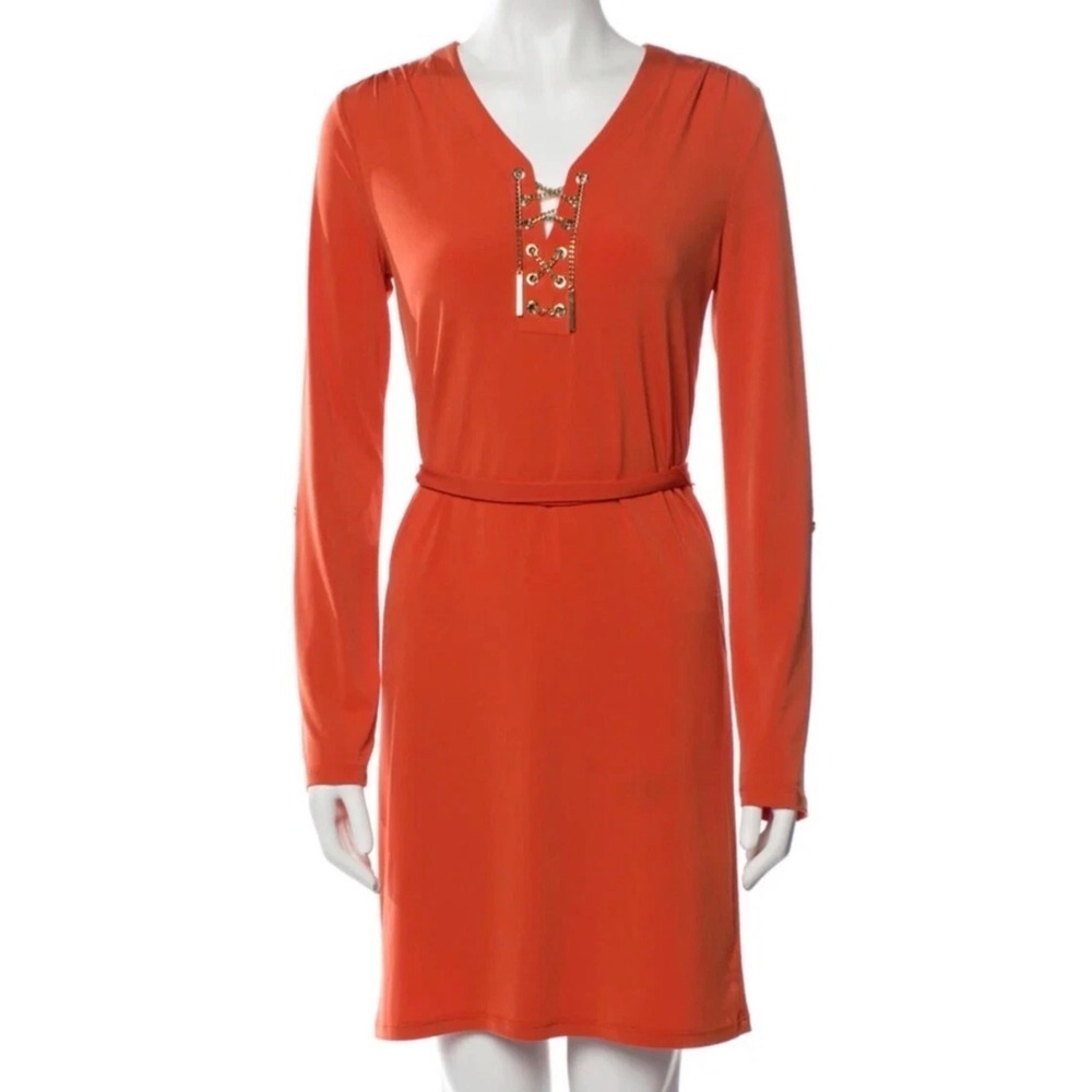 Michael Kors Coral Dress Gold Chain‎ Lace Up Detail Roll Tab Sleeve - Picture 4 of 9